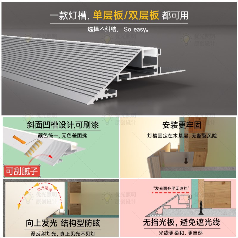 薄如蝉翼斜面悬浮吊顶向上发光反光灯槽无主灯线型灯型材隐形洗墙