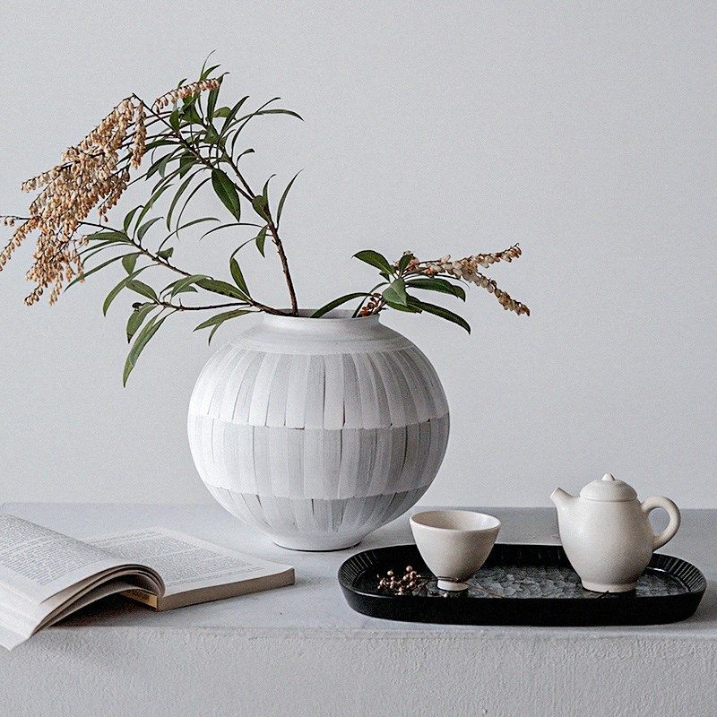 久伴高级复古陶瓷花瓶白色水培鲜花插花客厅餐桌装饰摆设大肚圆形