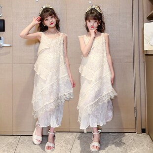 女童连衣裙2024新款夏季无袖荷叶边中长裙蕾丝吊带气质高级感裙子