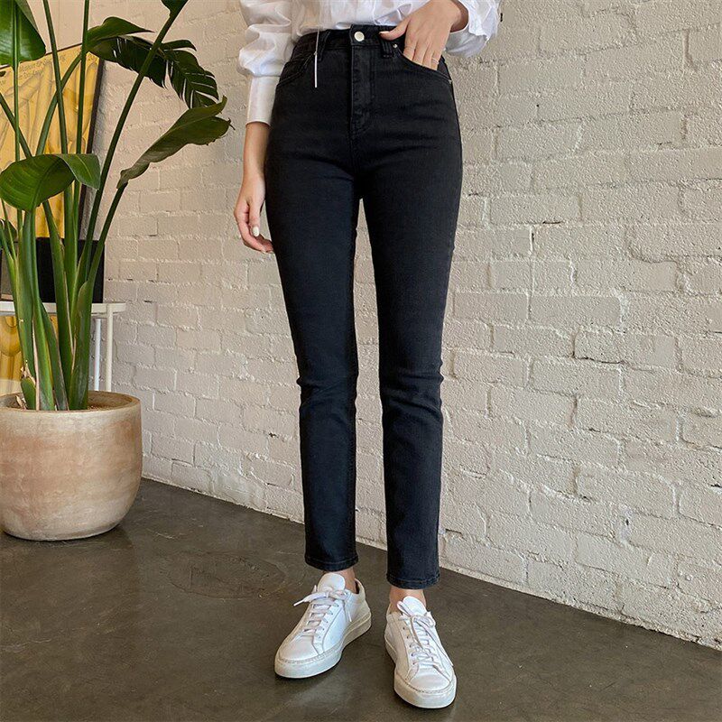 炭黑色小直筒牛仔裤女高腰2021春秋加绒弹力八分九分小个子烟管裤