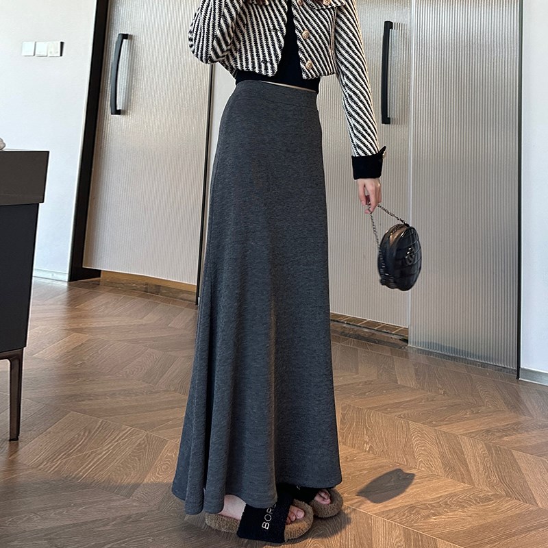 灰色半身裙女2024新款冬季加绒高个子加长版175cm宽松中长针织裙