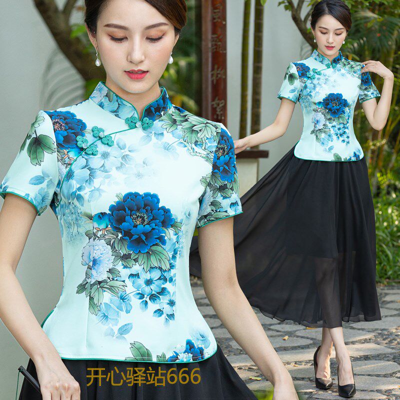 改良旗袍上衣日常可穿中国风女装短款妈妈装短袖茶服复古演出唐装