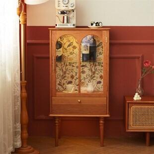 樱桃房间复古手办展示柜玻璃酒柜客厅沙发边柜实木斗柜北欧收纳柜