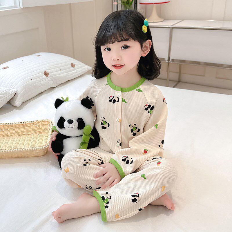 女童睡衣套装夏季薄款女宝纯棉长袖空调服开衫春秋儿童家居服夏款