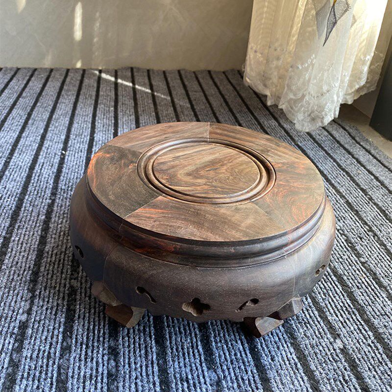 老挝大红酸枝工艺品摆件底座实木质花瓶圆矮凳工艺品底座交趾黄檀