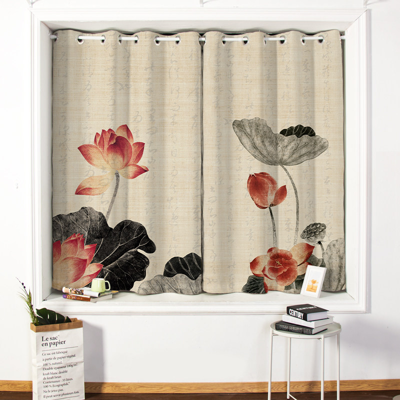 新中式荷花全遮光窗帘中国风复古禅意客厅隔断大气书房茶楼遮阳布