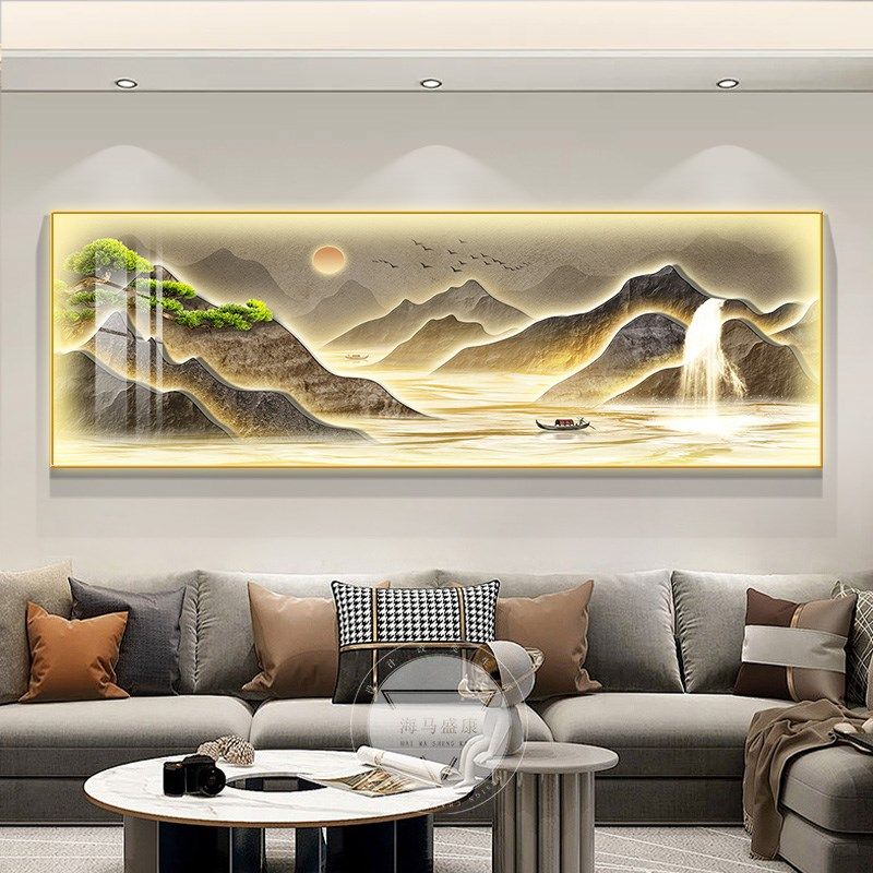 轻奢流水生财客厅装饰画led灯茶室山水画高级感沙发背景墙壁挂画