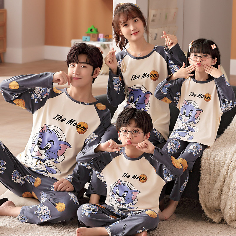 亲子睡衣春秋季长袖纯棉一家三口母女休闲装情侣家居服男童套装夏