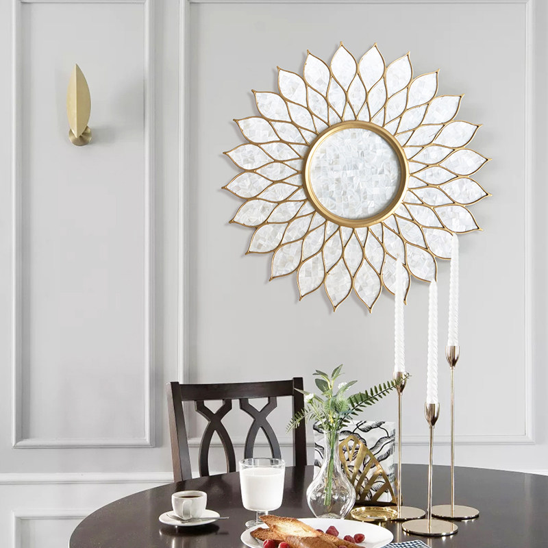 欧式创意太阳壁饰挂件壁炉定制镜美式餐厅挂墙镜子轻奢贝壳装饰镜