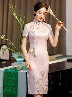 日常中长款双层丝绸旗袍亲肤透气大码80-150斤可穿中年妈妈连衣裙