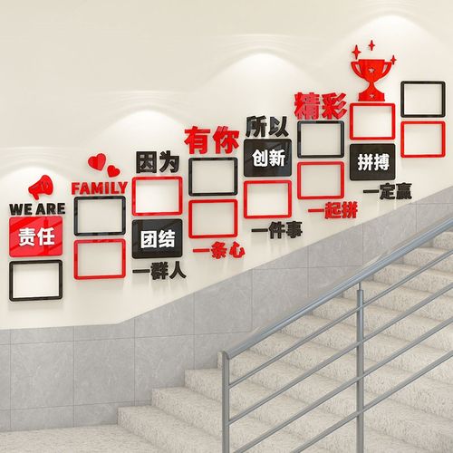 企业文化墙布置公司楼梯背景墙面装饰团队员工风采展示照片墙贴3d