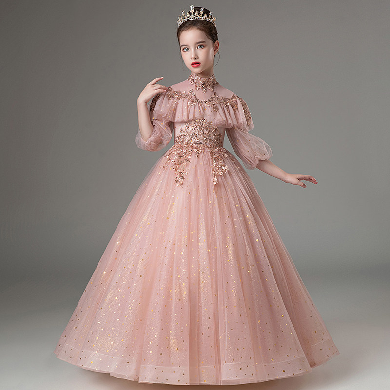 儿童礼服生日花童婚纱公主裙长袖女童小主持人钢琴演出服洋气秋冬