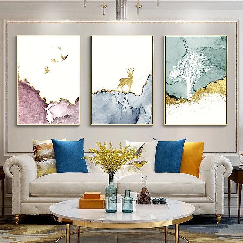 组合三联定做装饰画北欧麋鹿客厅挂画现代简约墙画沙发背景墙吉祥图片