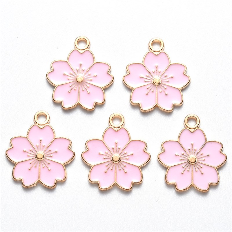 10Pcs Pink Sakura Flower Charms Alloy Enamel Pendants