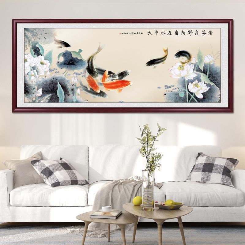 网红九鱼图客厅装饰画年墙年有余挂画荷花客厅手绘水墨国画背画景图片