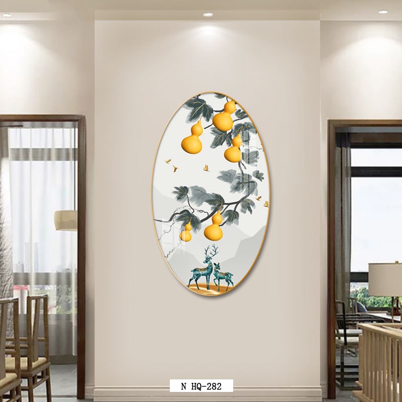 网红中式玄关装饰画道走廊通葫新芦麋鹿五福临门挂画福禄有余椭圆图片