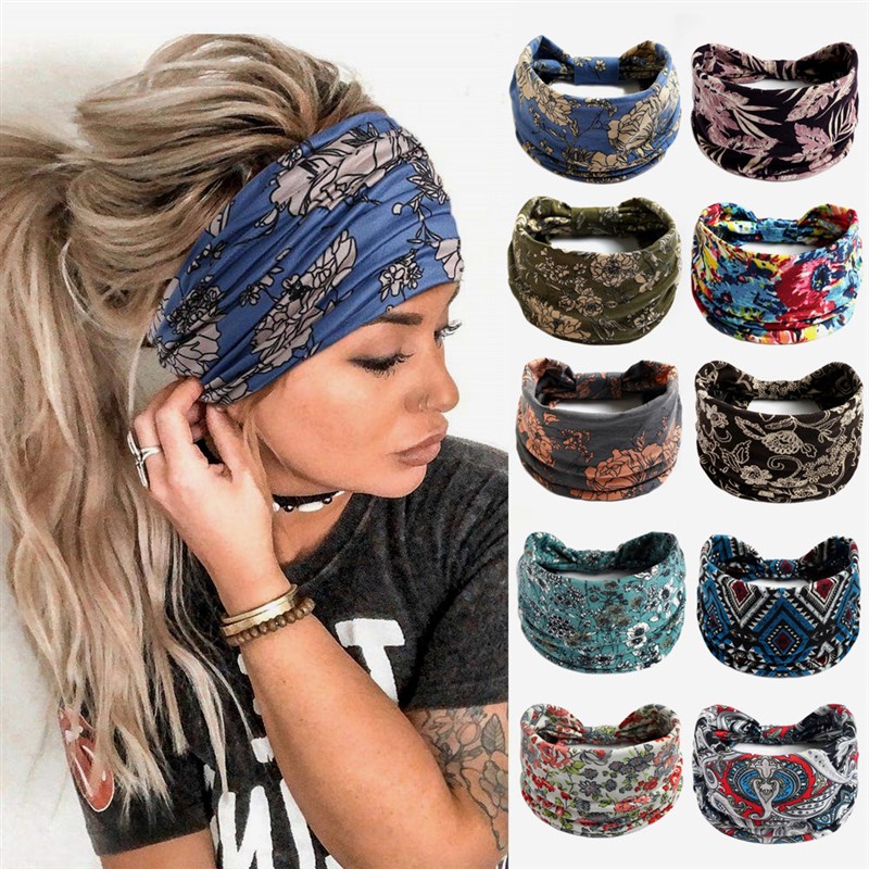 New Boho Flower Print Wide Headbands Vintage Knot Elastic Tu
