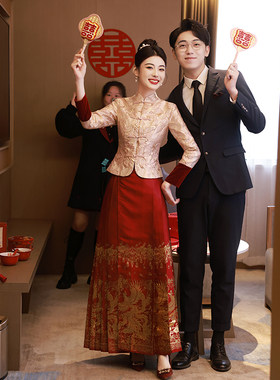 好货马面裙婚服敬酒服凤凰订婚服粉色旗袍套装秋冬秀禾服新娘中式