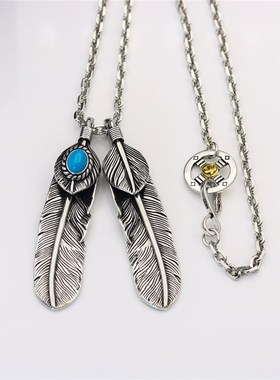 羽毛项链吊坠男女链高桥松石复古太角毛衣s长鹰爪925钛钢时尚款蓝