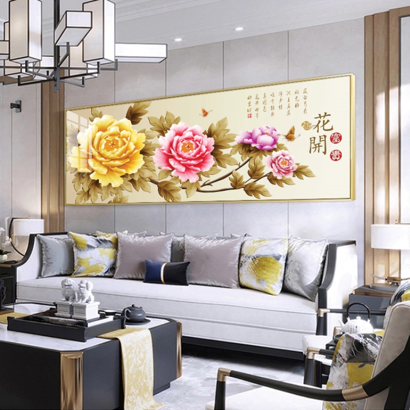 定做镶钻轻奢装饰画花开富贵牡丹花客厅挂画沙发背景墙壁画现代晶图片