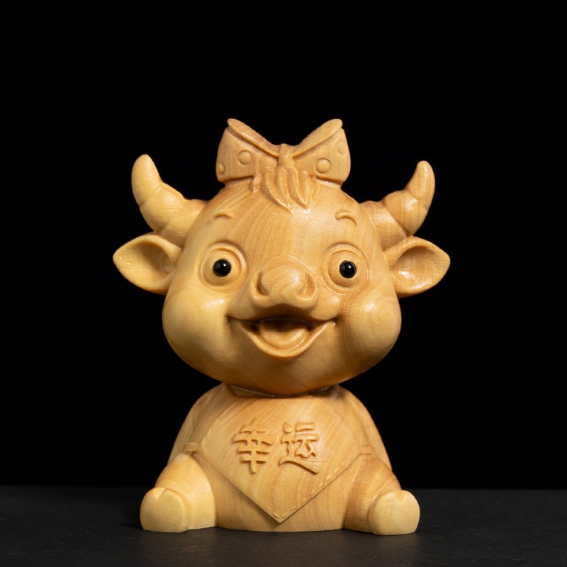 木雕文玩手把件生肖牛黄杨木可爱动物实木客厅招财工艺品摆件小件