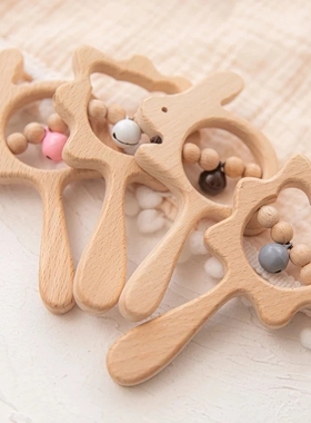 1PC Baby Wooden Rattle Beech Animal Hand Teething Wooden Rin