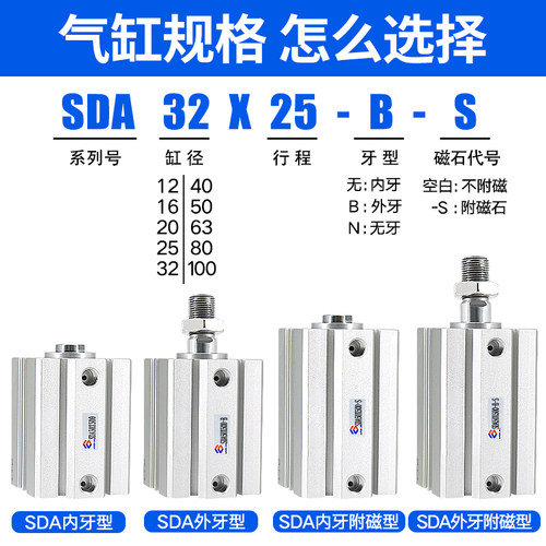 好货SDA带磁外螺纹气缸大推力薄型50X63X80X100X5X10X15X20X25X30