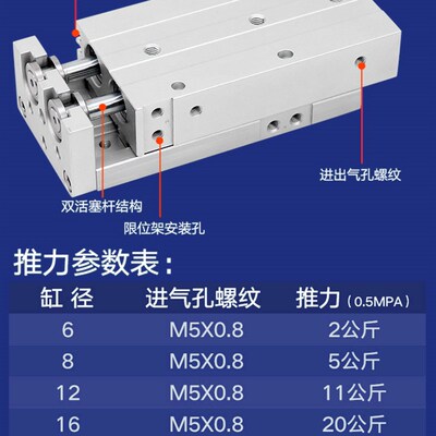 好货亚德客型气动滑台气缸HLQ6/8/12/16/20/25X10X20X30X40X50X75