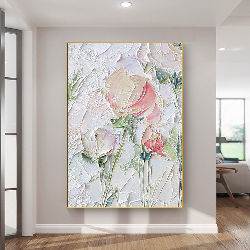 好货手绘油画白色玫瑰花奶油风玄关挂画肌理餐厅装饰画客厅背景墙