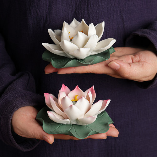 线香底座香炉家用香插莲花陶瓷三孔香座插香檀沉香道香托盘香薰炉