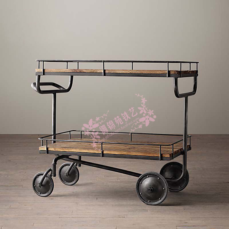 C008复古铁艺实木推车酒店酒水车餐饮火锅店自助餐餐车餐边手推车
