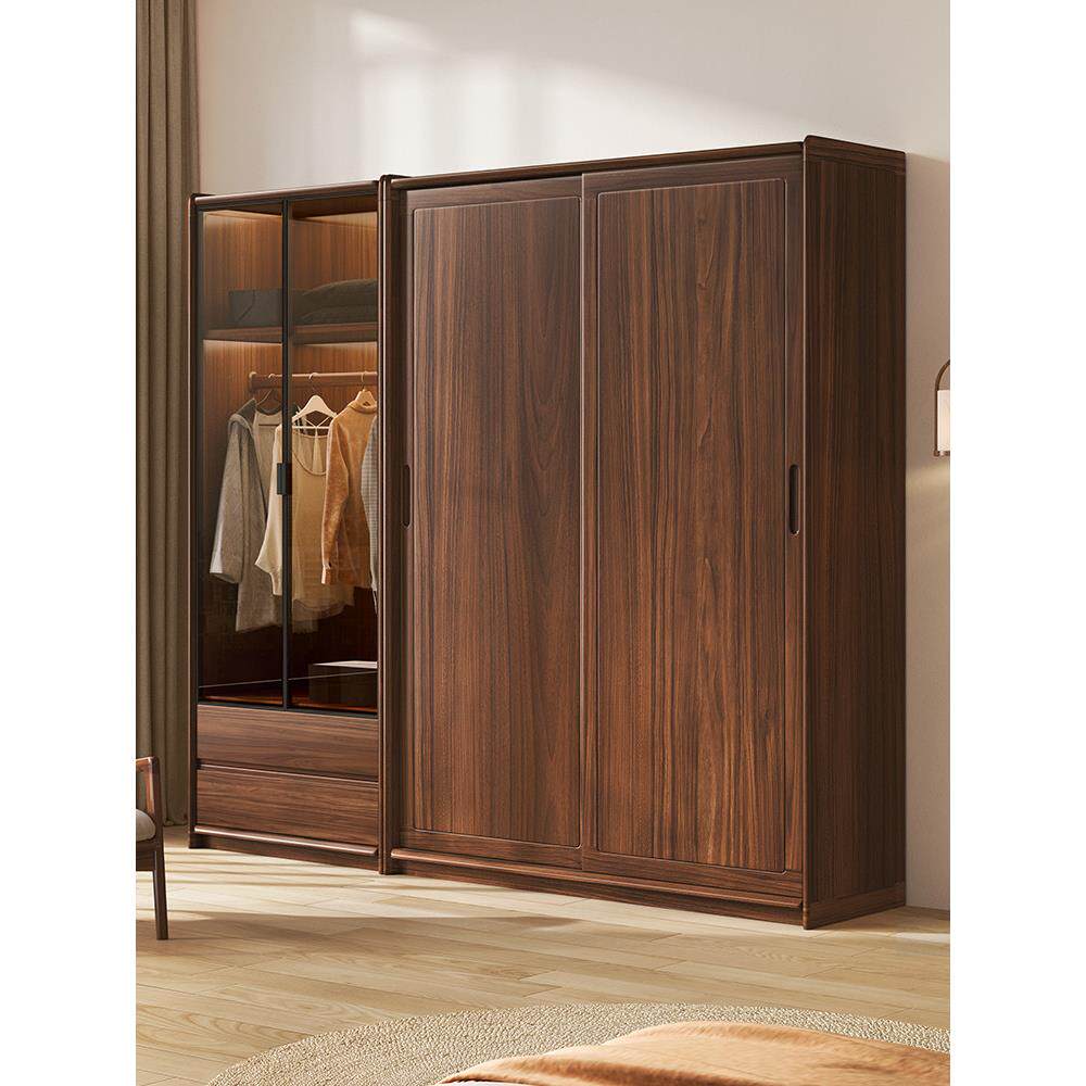 北欧实木衣柜黑胡桃木推拉门新中式卧室储物玻璃柜家用大衣橱组合
