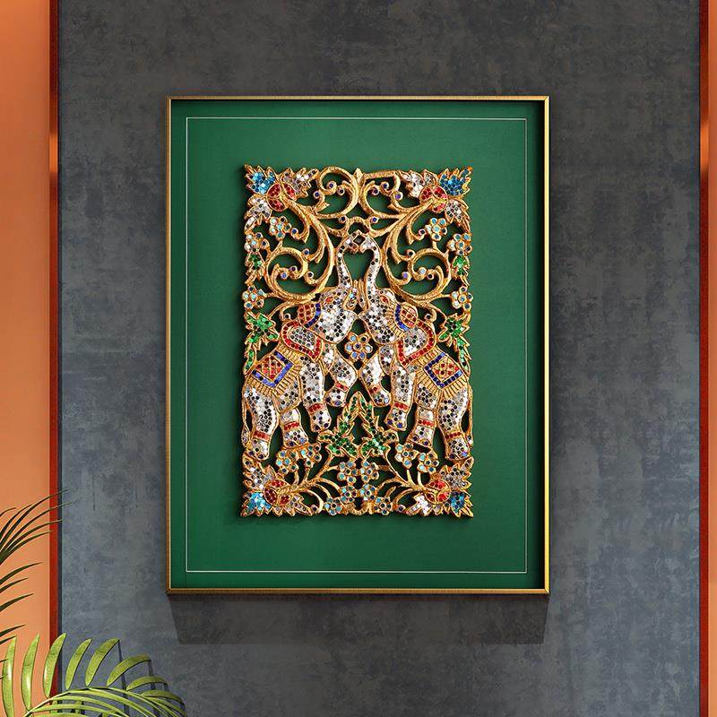 异丽泰国客厅木雕装饰画沙发背景壁画泰式会所玄关东南亚大象挂画