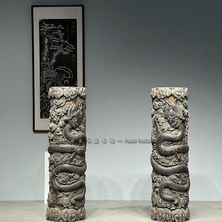 石雕青石龙柱茶室内门口摆件祥云柱子仿古做旧中式装饰双龙拴马柱
