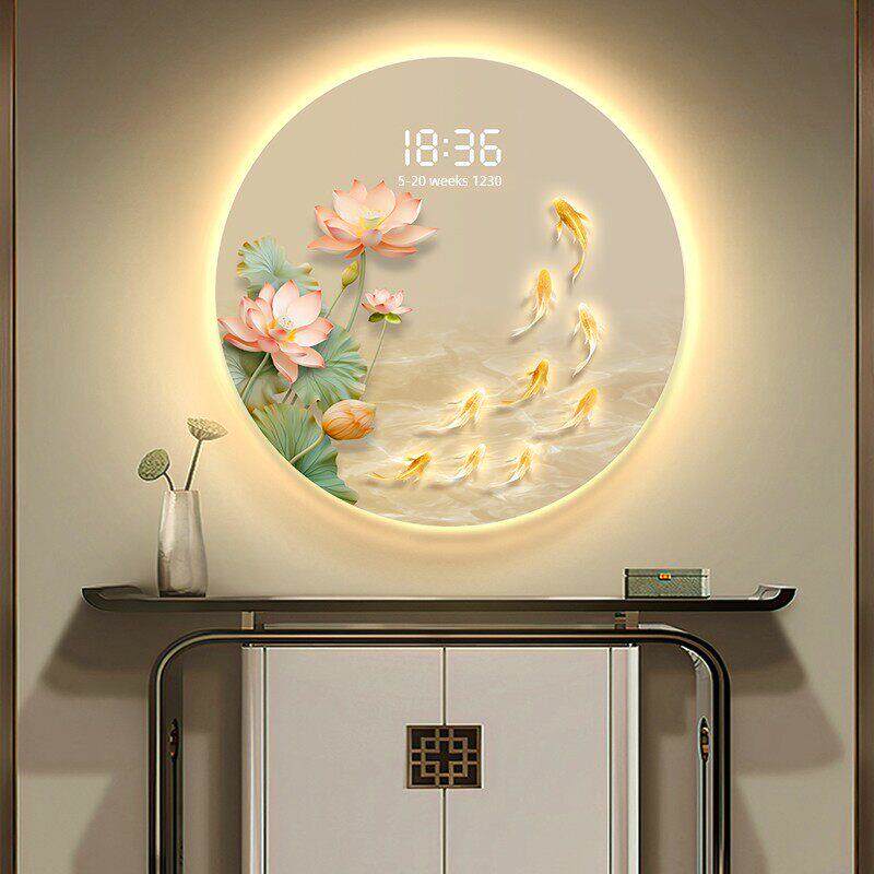 九鱼图玄关装饰画led灯光画感应电子钟圆形荷花挂画餐厅钟表挂钟