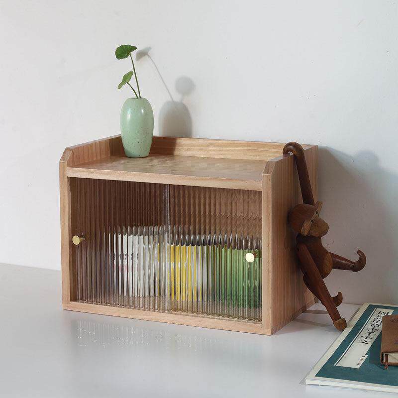 zakka木质 桌上办公桌杯子收纳盒化妆品香水陈列置物相框门防尘柜