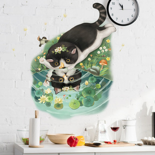 Flowers Cute Cat Reflection Stickers Butterfly Bird