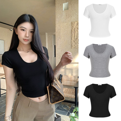 美式辣妹性感U领紧身短袖t恤女夏季修身显瘦纯欲高腰短款露脐上衣