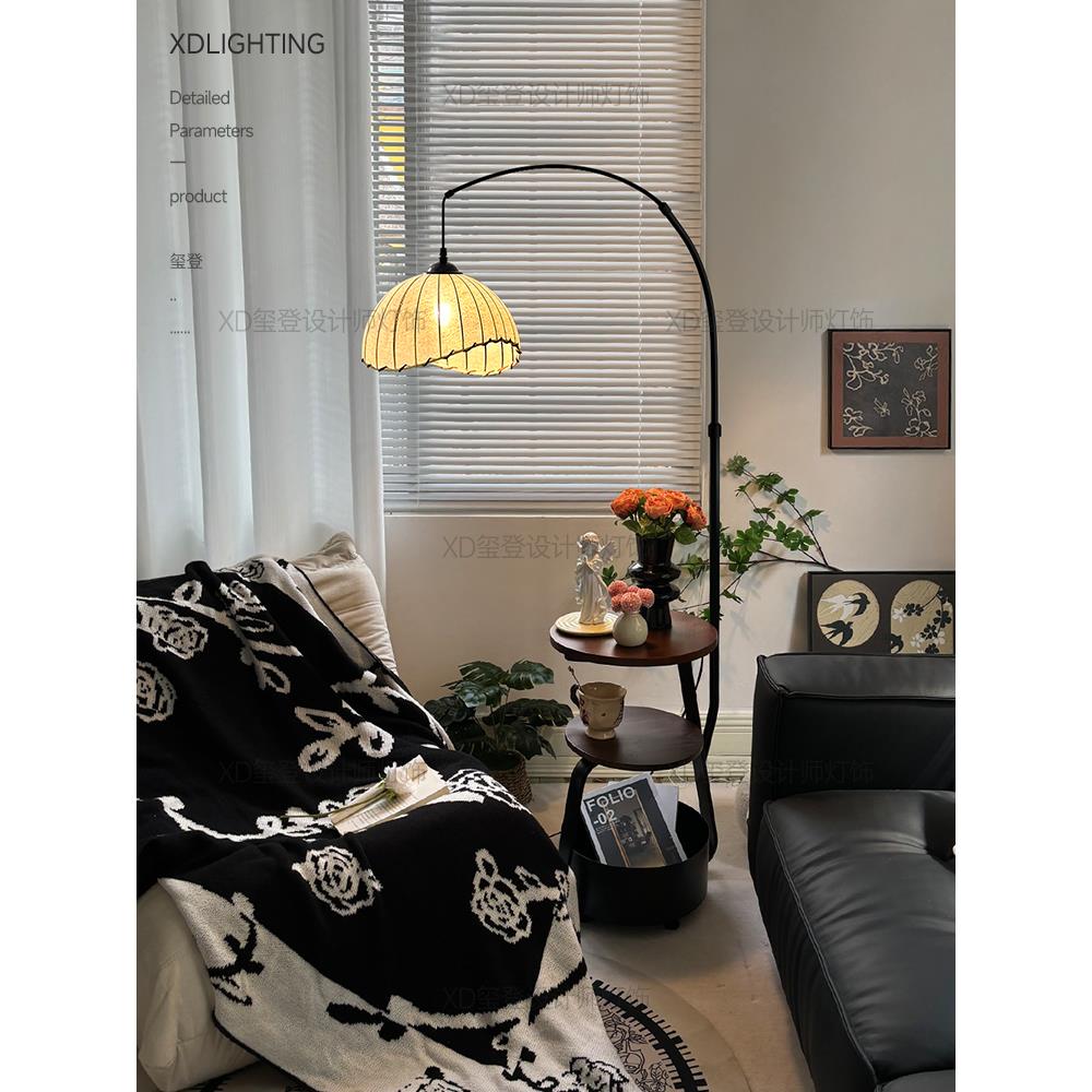 2025新款中古客厅钓鱼灯落地灯置物架一体复古沙发旁边装饰氛围灯
