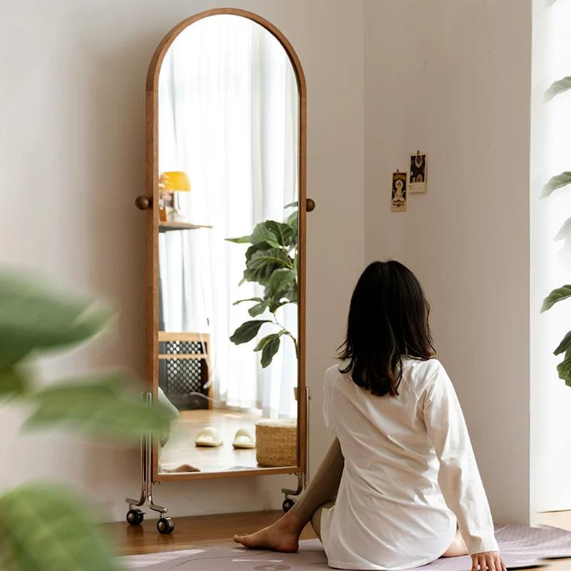中覆古风可移动旋转实木全身落地穿全身镜北欧家用杂志收纳展示架