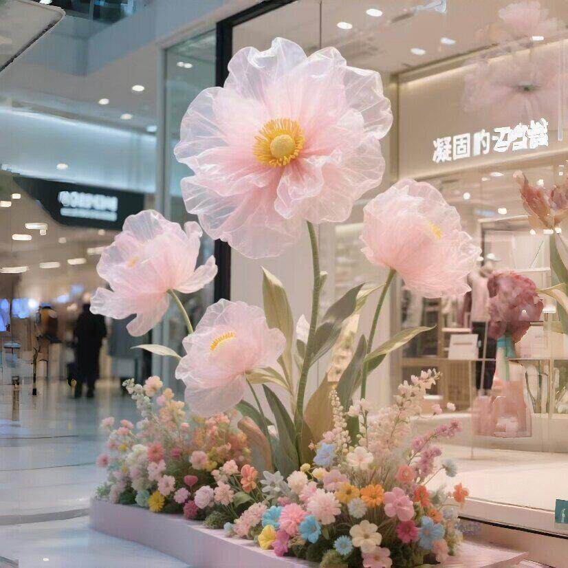 大型粉色纸艺花欧根纱装饰虞美人花摆件店铺橱窗引流婚庆陈道具
