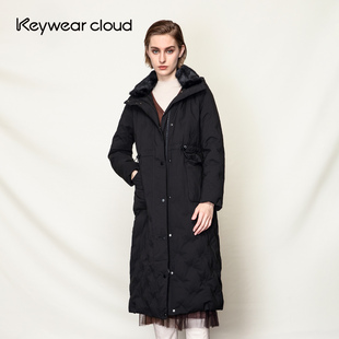 黑色系带收腰羽绒服 Keywearcloud奇威中长款