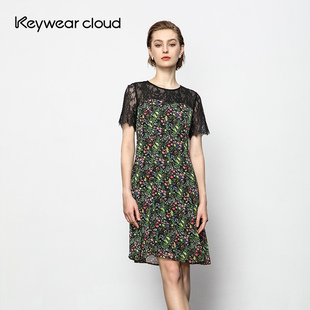 Keywearcloud奇威春夏女装黑色蕾丝拼接复古碎花连衣群