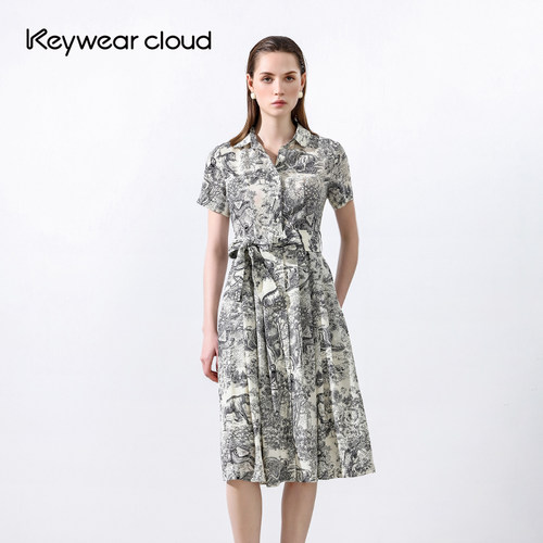 Keywearcloud奇威秋季新款摩登风格短袖系带收腰礼服通勤连衣裙