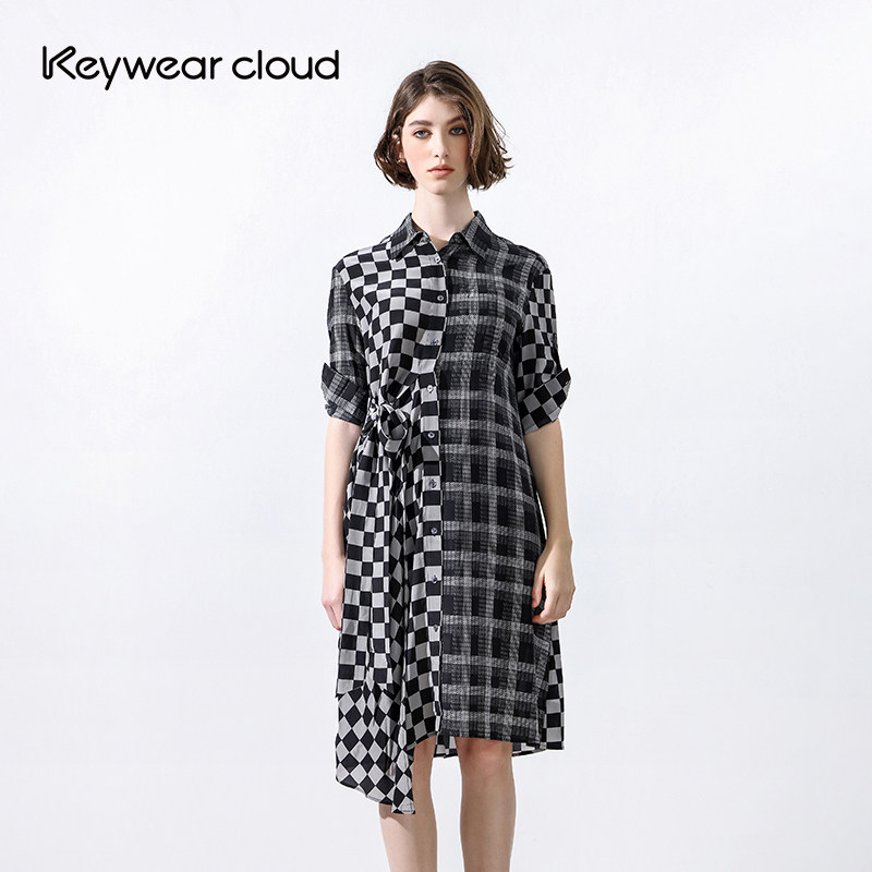 Keywearcloud奇威设计款不规则格子拼接中长款衬衫系带收腰连衣裙