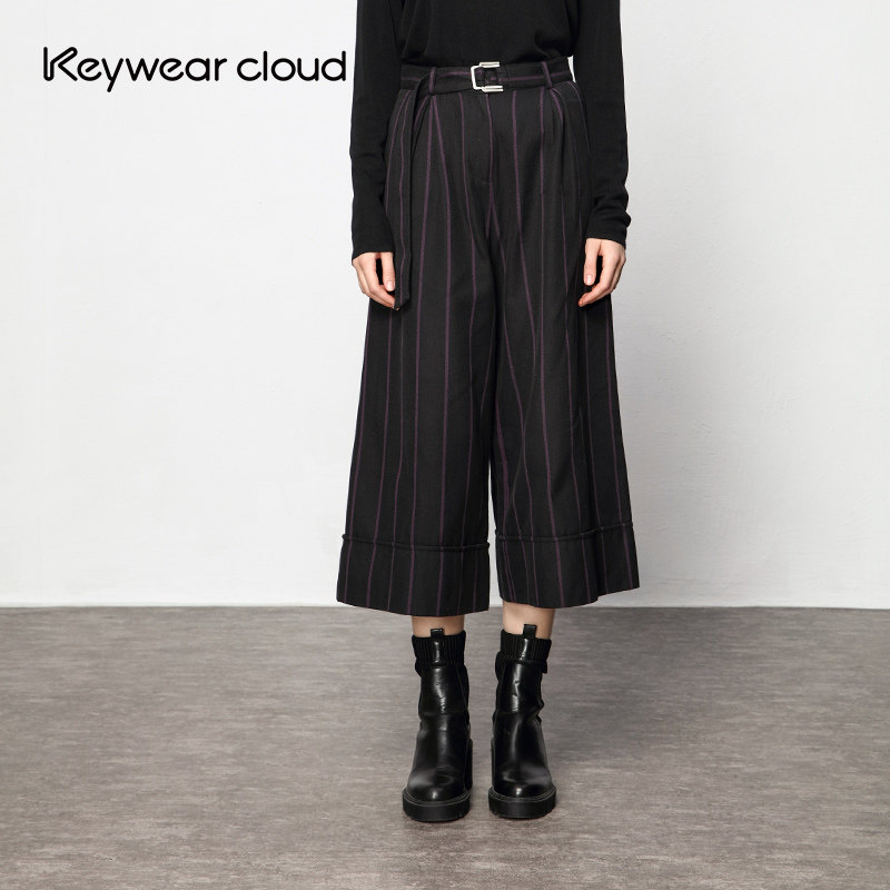 Keywearcloud奇威女装高腰宽松显瘦七分裤条纹百
