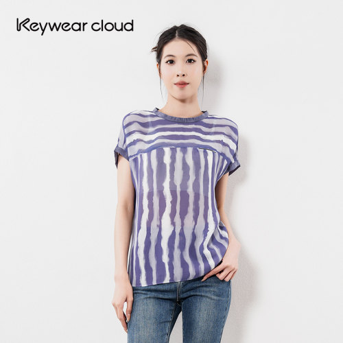 Keywearcloud奇威春夏通勤条纹女休闲上衣文艺松弛感微透圆领短袖