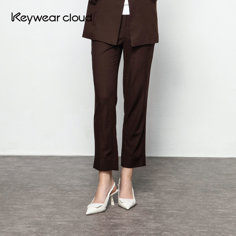 Keywearcloud奇威春夏配色微开叉小脚裤绵羊毛混纺微弹女装九分裤