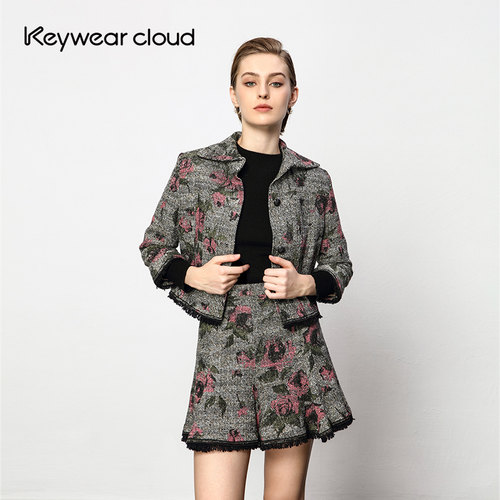 Keywearcloud奇威春夏大花含绵羊毛小香风保暖毛呢七分袖外套