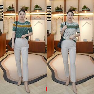 Keywearcloud奇威温柔风复古绿撞色提花针织短袖 设计总监然姐